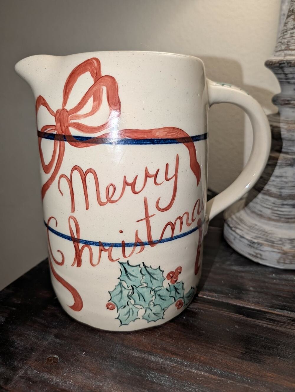 Marshall Pottery Merry Christmas Pitcher Glazed Red Green Home Holiday Decor
